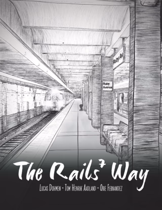Cover of the Rails 7 Way showing a subway station in a drawn style. The station is called Ruby Avenue